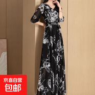 大擺度假連衣裙女夏季新款五分袖中腰通勤印花修身顯瘦長(cháng)裙大擺裙 黑色 3XL