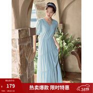 茵曼（INMAN）法式薄荷曼波連衣裙2024夏女裝新品V領(lǐng)燈籠袖抽繩 紺藍色 S