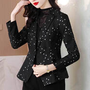 隱形都市春秋新款流行小西裝短外套女士洋氣修身顯瘦氣質(zhì)波點(diǎn)小西服上衣 黑色銀點(diǎn) L 【95-105斤】