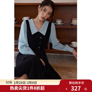 獨束大碼女裝假兩件撞色襯衫領(lǐng)連衣裙女秋冬微胖mm文藝復古穿搭裙子 墨染黑【適合165左右】 4XL