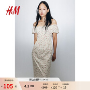 H&M女裝花卉連衣裙春季花朵泡泡一字肩短袖植物印花長(cháng)裙1230970 奶油色/碎花 XS 155/80