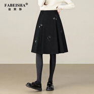 法貝莎品牌刺繡星空半身裙女春季2026年新款灰色a字毛呢裙百褶裙女 中裙 黑色 L  110-120斤建議選擇