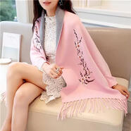 初秋刺繡梅花披肩針織女開(kāi)衫民族風(fēng)毛衣寬松外套中長(cháng)款斗篷式披風(fēng) 粉色 均碼 (80-180斤可穿)