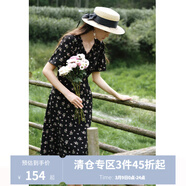 獨束大碼女裝法式甜美V領(lǐng)碎花連衣裙女春裝新款微胖mm顯瘦茶歇裙 黑底棕花-短袖版 3XL (尺碼：5)