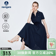 Navigare意大利小帆船短袖連衣裙女士夏季V領(lǐng)修身裙子時(shí)尚棉感針織長(cháng)裙女 藏青 S 碼