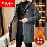 卡度頓特大碼8XL-L加絨加厚中長款風(fēng)衣男秋冬新款青年寬松工裝連帽外套加肥加大胖子保暖防寒大衣 灰色加絨 7XL建議240-265斤左右