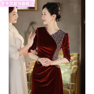 壹號鳳紅色媽媽婚宴裝晚禮服女高級感高端絲絨喜婆婆婚禮敬酒服高貴大氣 酒紅色 2XL