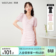 西遇V領(lǐng)泡泡袖連衣裙女2026年早夏新款法式褶皺收腰修身包臀裙子 粉色 XL