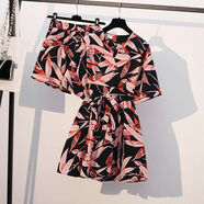 單件/套裝韓版夏季兩件套印花雪紡裙子女裝顯瘦網(wǎng)紅短褲套裝女潮 裙子+短褲 粉色葉 M (80-90斤)