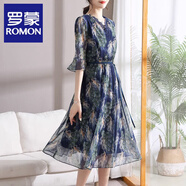 羅蒙（ROMON）中年媽媽夏裝高貴氣質(zhì)新款連衣裙40歲50時(shí)尚大碼裙子中老年女碎花 藍色 3XL (推薦115-130斤)