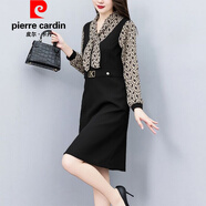 皮爾卡丹（pierre cardin）高端春夏長(cháng)袖連衣裙中長(cháng)款腰帶雪紡A擺裙顯瘦V領(lǐng)純色廣場(chǎng)舞中年媽 花紋四號 L 建議85-100斤