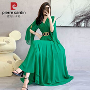 皮爾卡丹法式輕熟風(fēng)名媛雪紡連衣裙女夏裝新款大尺碼蝙蝠袖遮肚大擺度假長(cháng) 翠綠色 【不送腰帶】 L