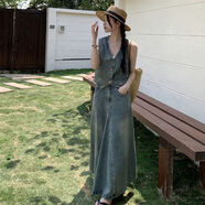 愛(ài)佩芬港風(fēng)夏季新款做舊色高品質(zhì)牛仔短款復古馬甲搭配半身魚(yú)尾裙兩件套 做舊色套裝(馬甲+長(cháng)裙) S 90-100斤