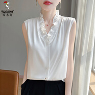 啄木鳥(niǎo)法式花邊領(lǐng)V領(lǐng)無(wú)袖背心木耳邊無(wú)袖襯衫女夏季氣質(zhì)優(yōu)雅減齡上衣 軟云白 M 95-105斤