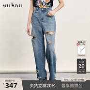 謎底破洞牛仔褲女夏新品復古BF風(fēng)親膚透氣直筒褲242MK0614 中藍 2XL