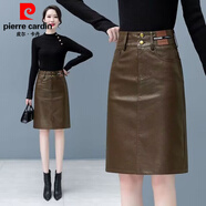 皮爾卡丹（pierre cardin）海寧真皮皮裙女2026新款秋冬季時(shí)尚綿皮短裙高腰顯瘦包臀半身裙 1501#咖色 3XL