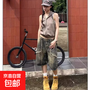 美式復古做舊廢土風(fēng)毛邊流蘇水洗牛仔短褲女休閑百搭七分褲潮品 復古 XL