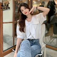漢卿中夏夏裝大碼女裝娃娃領(lǐng)襯衫襯衣胖MM法式別致蝴蝶結上衣M-XL斤 白色 M 85-95斤
