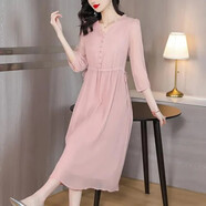 以純（YISHion）時(shí)尚雪紡連衣裙女夏季2025夏季新款森系年輕遮肚子休閑舒適連衣裙 粉色 L 101-111斤