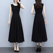 弗依郝無(wú)袖連衣裙背心長(cháng)裙女夏雪紡打底裙大碼胖MM寬松顯瘦氣質(zhì)內搭吊帶 圓領(lǐng)黑色 M