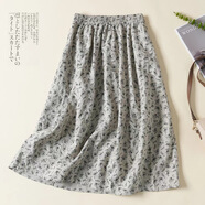 復古文藝范漢麻碎花半身裙女 2025春裝新款寬松休閑中長(cháng)款A字裙 淺灰色 S