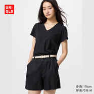 優(yōu)衣庫女裝竹節紗V領(lǐng)T恤/短袖棉白T上衣打底內搭483576 09 黑色 S /155/80A