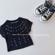 其他其她歐美爆款女童夏裝短袖恤寶寶洋氣兒童個(gè)性潮牌韓版時(shí)髦網(wǎng)紅短款燙 黑色 90