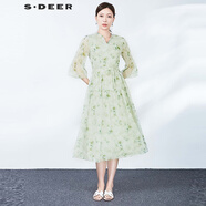 S.DEER圣迪奧女裝田園風(fēng)V領(lǐng)印花喇叭袖連衣裙S243Z1232 淺青/46 S