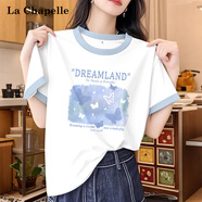 拉夏貝爾（La Chapelle）正肩短袖t恤女夏季2026新款拼接撞色純棉半袖體恤百搭小個子上衣