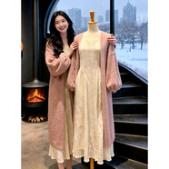 歌弗婭巨好看的秋裝一整套裝女甜美小香風(fēng)粉色中長(cháng)款外套搭配包臀連衣裙 粉色開(kāi)衫+連衣裙 【兩件套】 M
