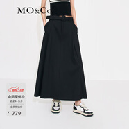 MO&Co.中高腰長(cháng)款壓褶寬松A字半身裙傘裙(附腰帶)設計感裙子摩安珂 黑色-第1批 M 165