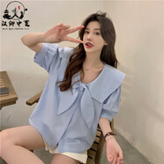 漢卿中夏夏裝大碼女裝娃娃領(lǐng)襯衫襯衣胖MM法式別致蝴蝶結上衣M-XL斤 藍色 M 85-95斤