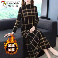 啄木鳥(niǎo)加絨加厚寬松顯瘦大碼連衣裙女2025新款冬季裝長(cháng)袖氣質(zhì)長(cháng)裙子氣質(zhì) 黃色 黃條紋加絨 L