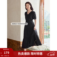 茵曼（INMAN）法式薄荷曼波連衣裙2024夏女裝新品V領(lǐng)燈籠袖抽繩 午夜黑 S