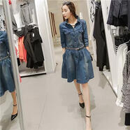 先行鳥(niǎo)2026早春新款韓版秋冬牛仔裙連衣裙女收腰中長(cháng)款a字裙顯瘦時(shí)尚潮 懷舊藍中袖 S 建議100斤以下