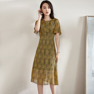 米思陽(yáng)（missshine）2026早春新款氣質(zhì)復古印花中長(cháng)裙修身顯瘦短袖連衣裙1109 黃色現貨直發(fā) S