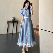 AEMAPE大碼胖mm蕾絲花邊法式拼接連衣裙女夏季新款高級感遮肉顯瘦中長(cháng)裙 感連衣裙【贈送腰帶】 M 適合【80-100斤】