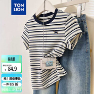 唐獅（TonLion）2025夏女刺繡臘腸狗條紋寬松百搭圓領(lǐng)短袖T恤