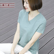 橫行道2024夏裝純色竹節(jié)棉半袖打底衫寬松v領(lǐng)短袖t恤女士上衣服裝女裝 豆綠 2XL