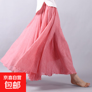 文藝民族復古棉麻半身裙高腰大碼不規則中長(cháng)大擺半身裙子漢服長(cháng)裙 淺紅 均碼 裙長(cháng)95CM