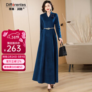 帝弗·潤馳氣質(zhì)高貴金貂藏青色修身毛呢裙內搭長(cháng)款加厚冬季連衣裙 孔雀藍 M