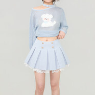 KEIKO 少女感蕾絲花邊百褶半身裙26夏季學(xué)院風(fēng)雙排扣高腰A字短裙 天藍色 [帶防走光里襯] S