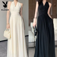 花花公子（PLAYBOY）超大裙擺法式無(wú)袖長(cháng)款連衣裙春夏V領(lǐng)收腰旅游晚宴長(cháng)裙收腰顯瘦裙 163cm及以上身高 小個(gè)子需要裁剪哦 S 85-100斤