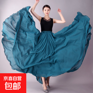 720度雙層大擺裙雪紡摩登舞交誼舞跳舞長(cháng)裙子廣場(chǎng)舞練功新疆舞裙 孔雀藍 58 裙長(cháng)95cm 適合身高165-169cm