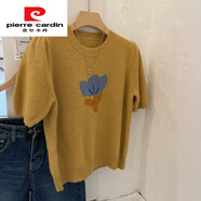 皮爾卡丹（pierre cardin）灰色花朵郁金香短袖毛衣女春秋季軟糯浣熊絨泡泡袖針織衫打底秋冬 黃色早秋短款毛衣設計感/精致/藝術(shù)生奶/設計感小眾女/ S 85-95