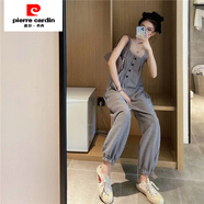 皮爾卡丹（pierre cardin）夏季新款連體衣韓版寬松減齡千鳥(niǎo)格子連身吊帶背帶束腳連體褲套裝 格子 S