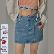 CHUU印花蝴蝶結刺繡牛仔半身裙女2026夏季新品系帶包臀a字短裙 牛仔藍 M