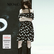 MO&Co.桑蠶絲混紡蝴蝶結泡泡袖露肩兩穿黑白連衣裙氣質(zhì)裙子女 黑底白花色 M 165
