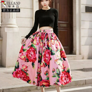 啄木鳥(niǎo)（TUCANO）新款修身顯瘦都市風(fēng)高腰后松緊有口袋復古紅色印花傘裙大擺蓬蓬裙 粉紅色玫瑰花 裙長(cháng)82厘米有口袋 XL (120-140斤)(100-120斤) 12