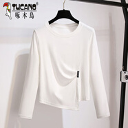 啄木鳥(niǎo)棉長(cháng)袖T恤女春秋裝下擺不規則打底衫2024新款時(shí)尚體恤小眾上衣 白色 L